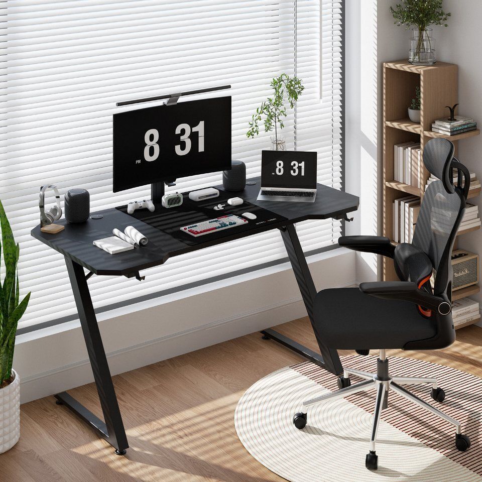 GTPLAYER Schreibtisch 120×60 Gaming Tisch mit Mauspad PC Tisch Kohlefaseroberflä