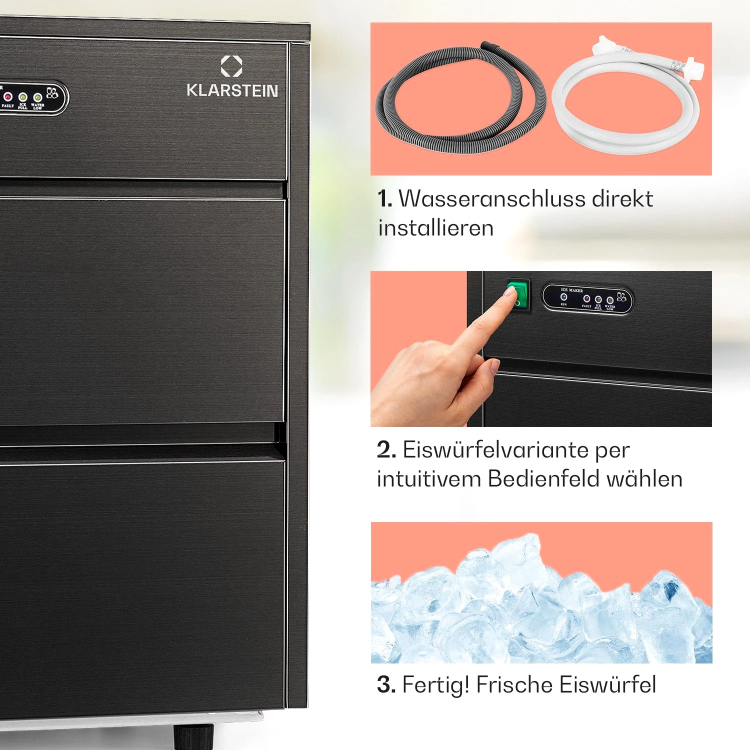Klarstein Eiswürfelmaschine Powericer, Eiswürfelbereiter Elektrisch Ice maker 20kg /Tag 1,8 L LED