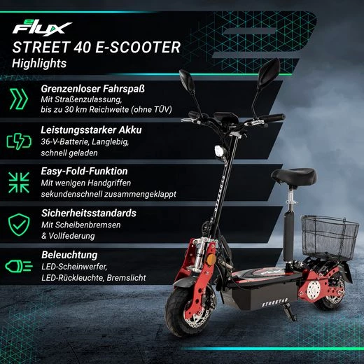 eFlux E-Scooter Street 40 Elektro Roller mit Straßenzulassung klappbar, 800,00 W, 35 km/h