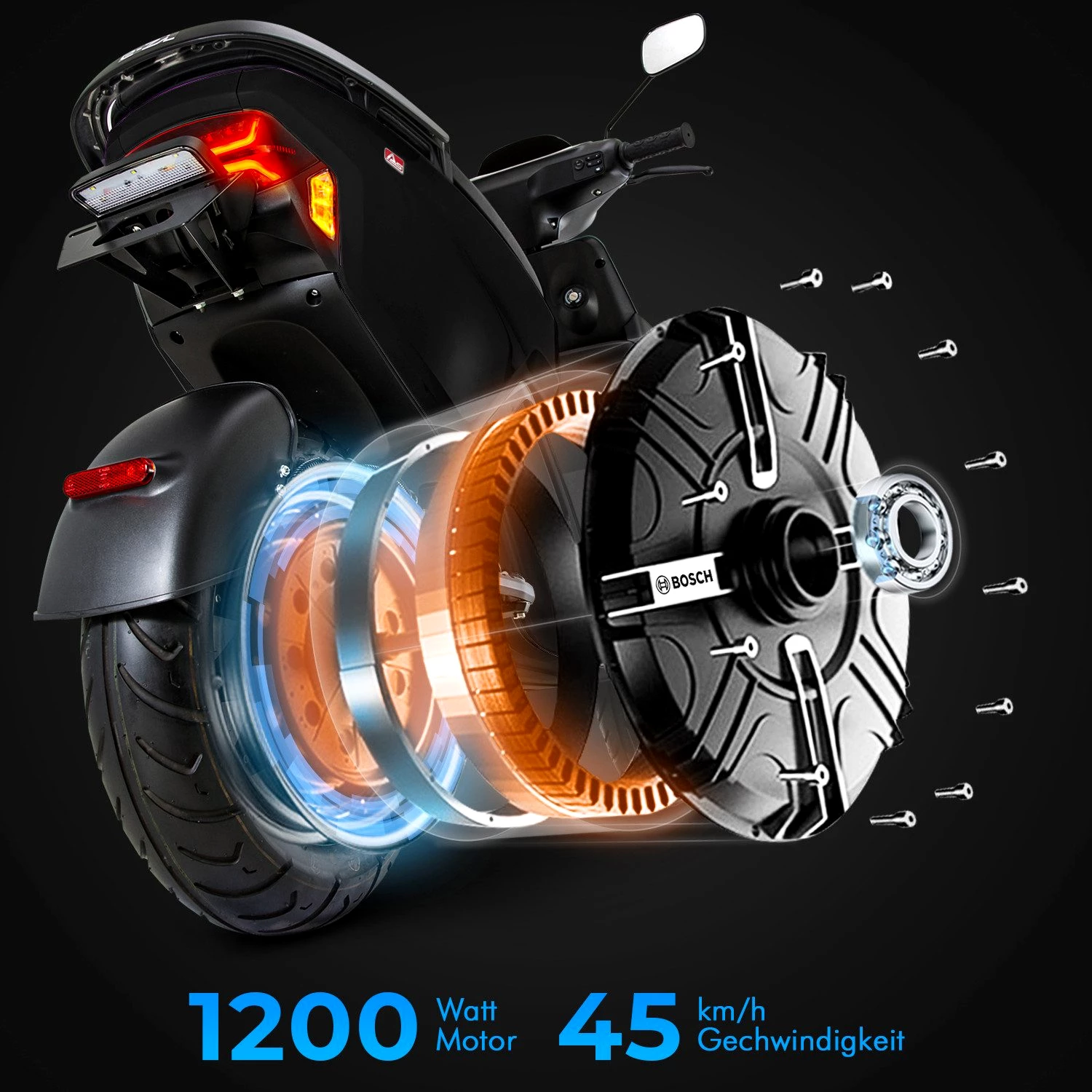 AsVIVA E-Motorroller EM1 Elektroroller – 1200W Bosch-Motor, 45 km/h, 60V Akku, LED, Alarm, 1200 W
