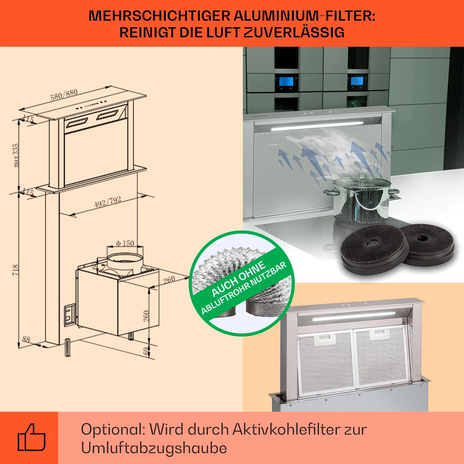 KLARSTEIN Deckenhaube Downdraft Dunstabzugshaube Dunstabzugshaube Downdraft Abluft Umluft LED