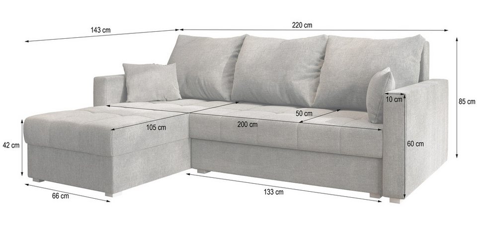Masseno Ecksofa NIDA mit Schlaffunktion L-Form, Sofa mit Bettkasten