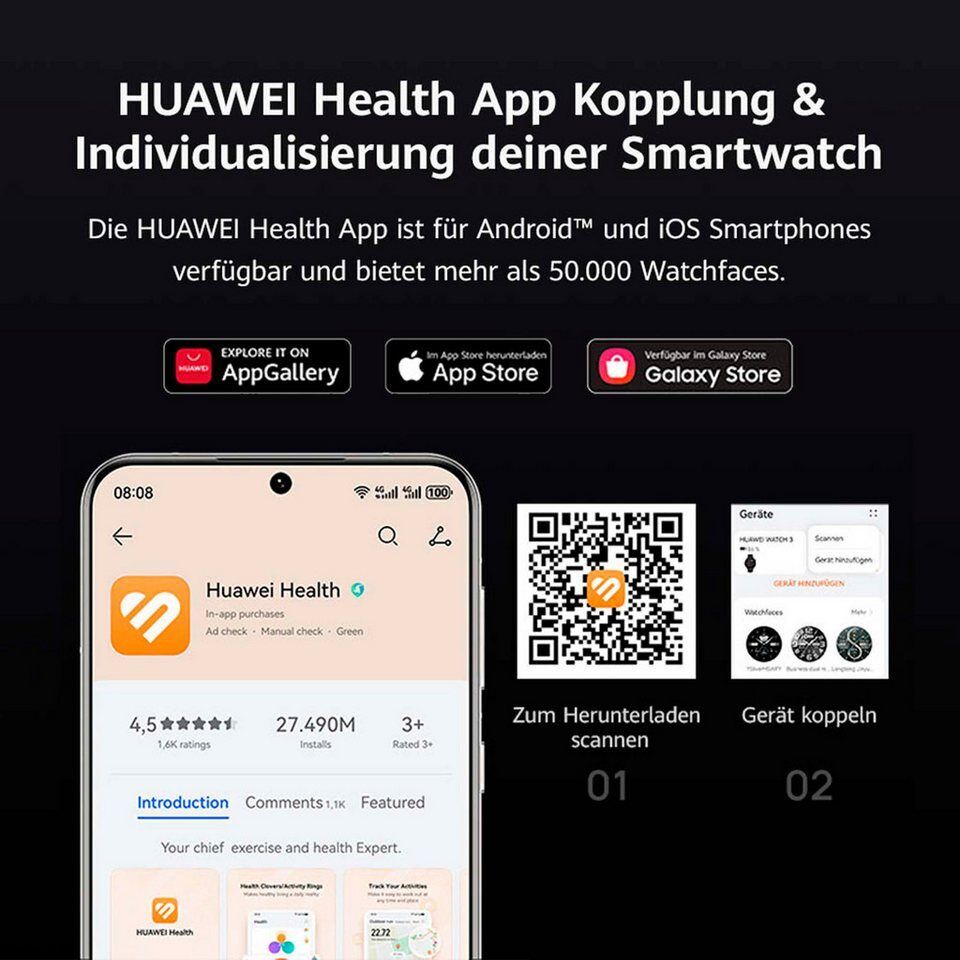 Huawei WATCH 5 42mm Smartwatch (3,5 cm/1,38 Zoll, Harmony OS), X-TAP, Health Gla