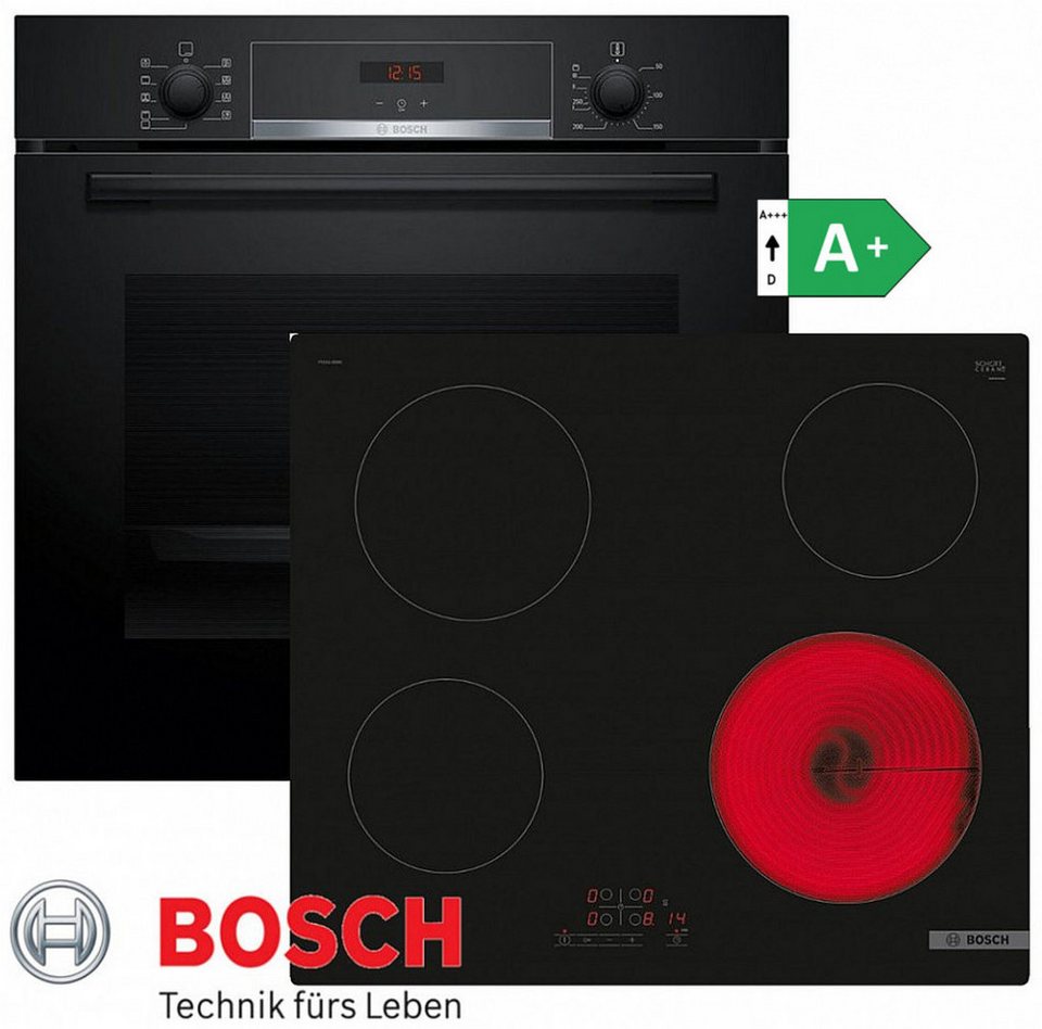 BOSCH Elektro-Herd-Set Bosch Autark Schwarz Backofen 3D Heißluft +Glaskeramik Ko