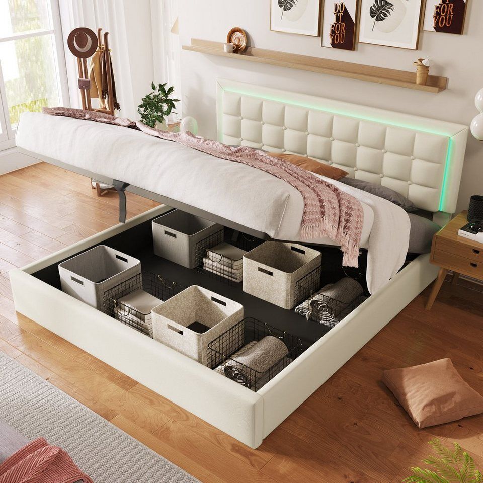 Flieks Stauraumbett (1-tlg), LED-Beleuchtung Kunstleder Doppelbett 140x200cm