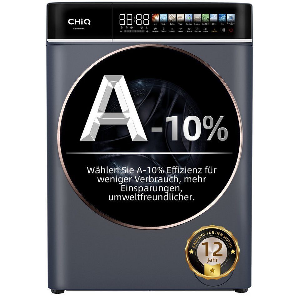 CHiQ Waschmaschine 8KG, 10 %mehr Energieersparnis, Schnellwaschgang, große Tromm