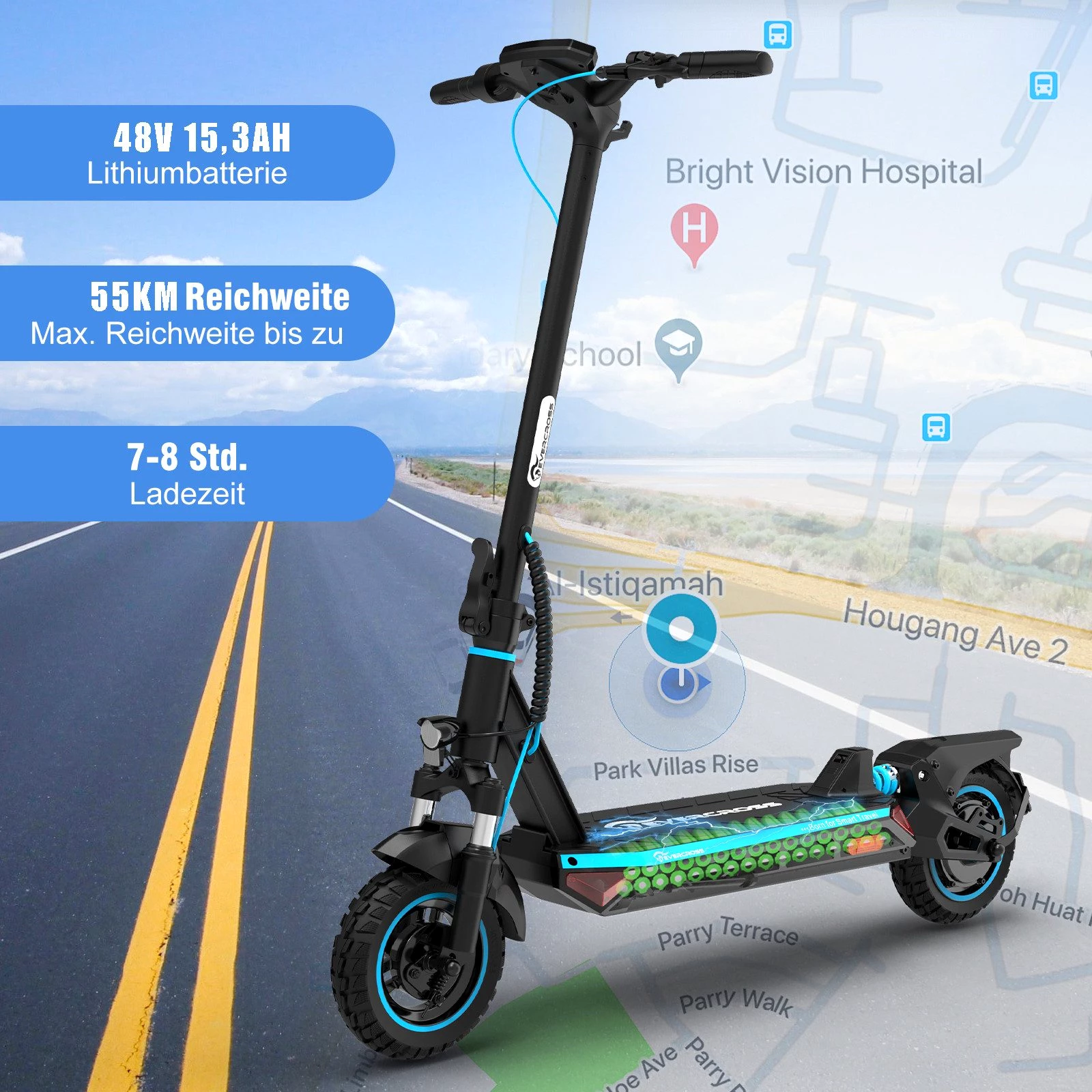 EVERCROSS TECH E-Scooter A1 mit Straßenzulassung , 10" Offroad-Runflat-Reifen, 55KM 20,00 km/h