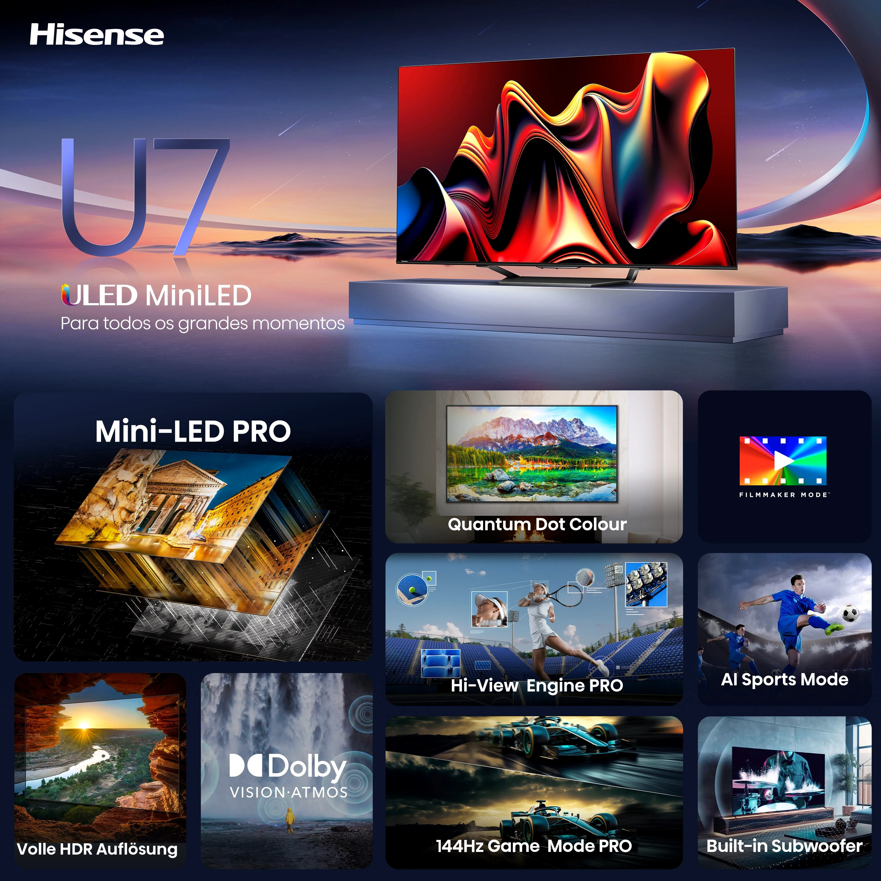 Hisense 65U7NQ Mini-LED-Fernseher (164 cm/65 Zoll, 4K Ultra HD, Smart-TV, 4KUHD, ULED, Mini LED)