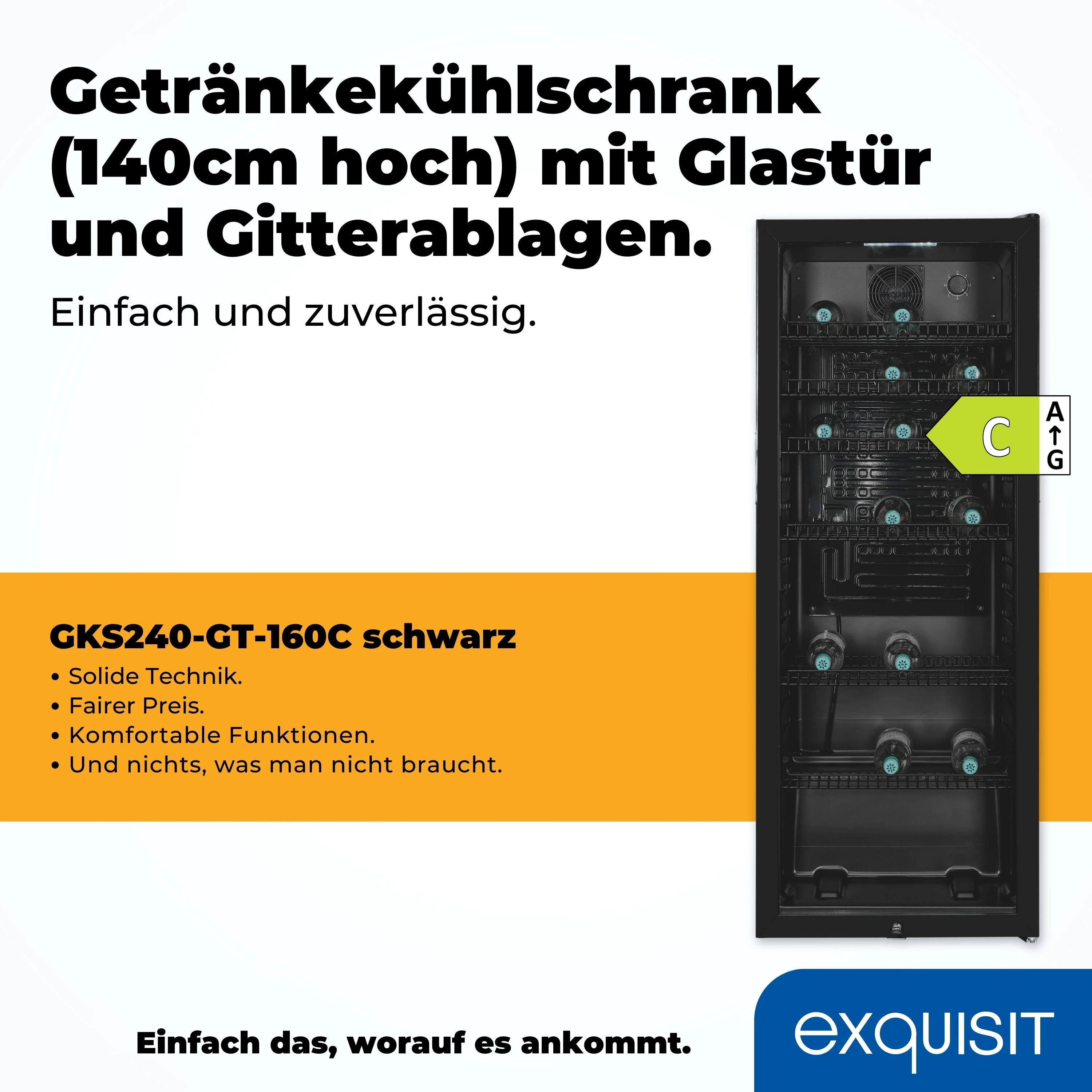 exquisit Getränkekühlschrank GKS240-GT-160C schwarz, 140 cm hoch, 54 cm breit