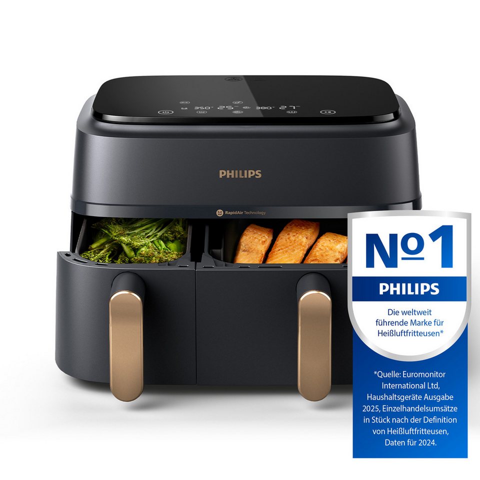 Philips Heißluftfritteuse 3000 Series NA352/00, Dual Basket Airfryer mit 9L Kapa