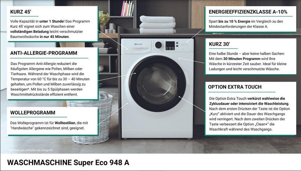 BAUKNECHT Waschmaschine Super Eco 948 A, 9 kg, 1400 U/min, 4 Jahre Herstellergar
