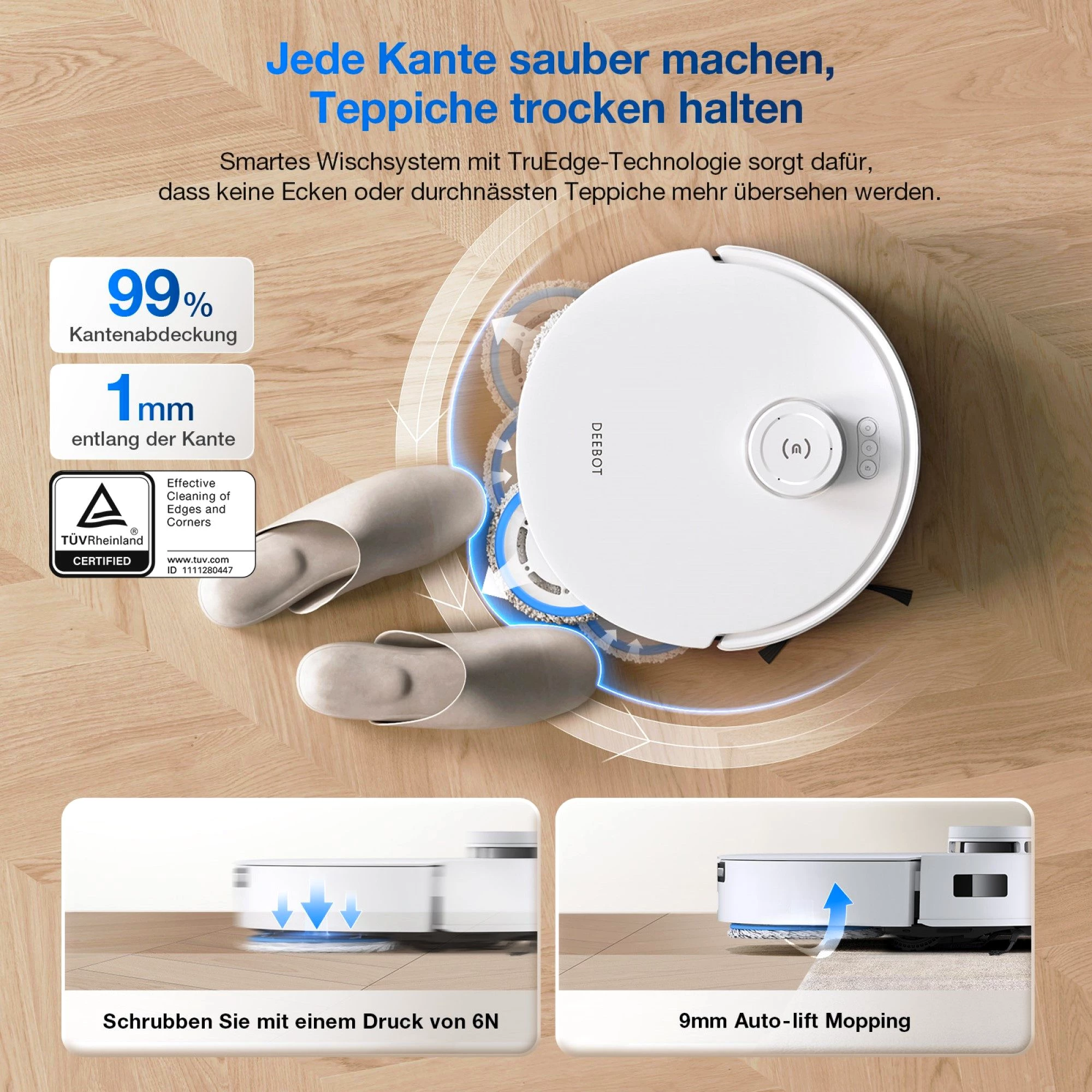 ECOVACS Nass-Trocken-Saugroboter T30S COMBO WHITE, mit 11.000 Pa Saugkraft