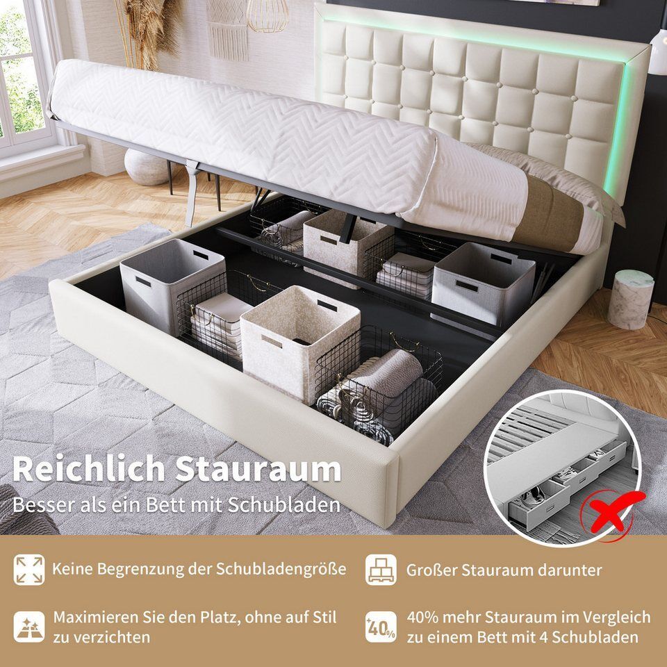 Flieks Stauraumbett (1-tlg), LED-Beleuchtung Kunstleder Doppelbett 140x200cm