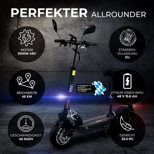 eFlux E-Scooter Lite Six 40 km/h Elektro Roller 45 km Straßenzulassung klappbar, 1000,00 W, 40