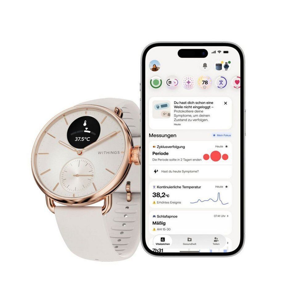 Withings ScanWatch 2, Akku bis 35 Tage, appfähige Smartwatch Set, 38 mm, inkl. M