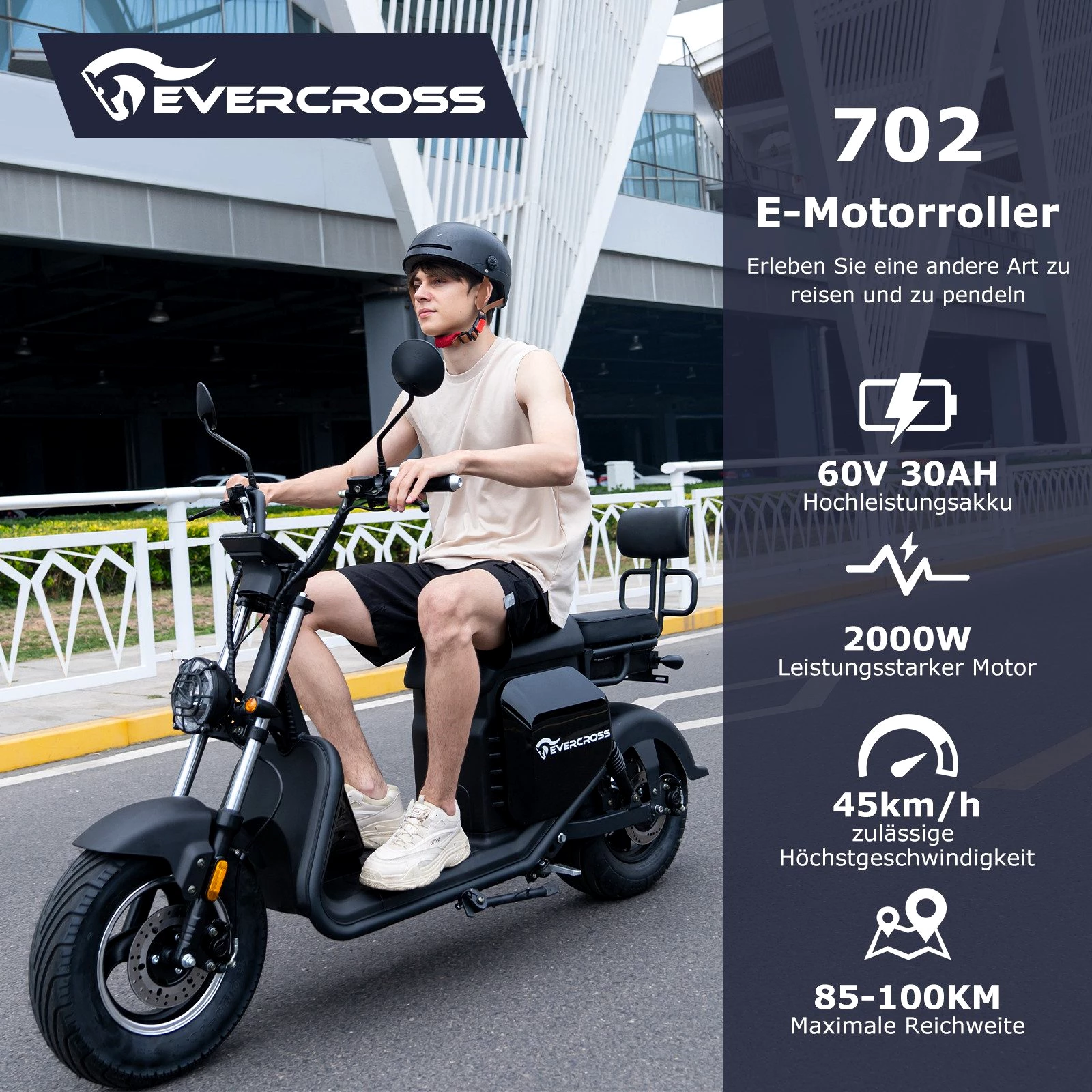 EVERCROSS TECH E-Motorroller 702, 60V-30Ah Lithium, Schwarz, 2000 Watt, 85KM, 45 km/h, 2000,00 W