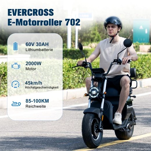 EVERCROSS TECH E-Motorroller 702, 60V-30Ah Lithium, Schwarz, 2000 Watt, 85KM, 45 km/h, 2000,00 W