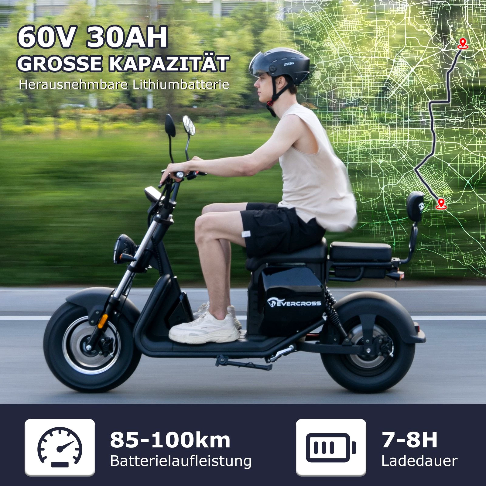 EVERCROSS TECH E-Motorroller 702, 60V-30Ah Lithium, Schwarz, 2000 Watt, 85KM, 45 km/h, 2000,00 W