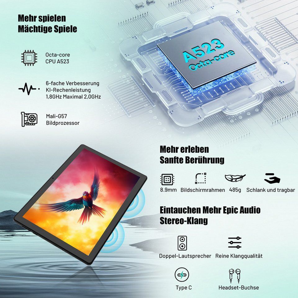 Happybe 10 Zoll 64 GB ROM (1 TB TF), Android, 1280x800 HD IPS, WiFi 6 Tablet (10