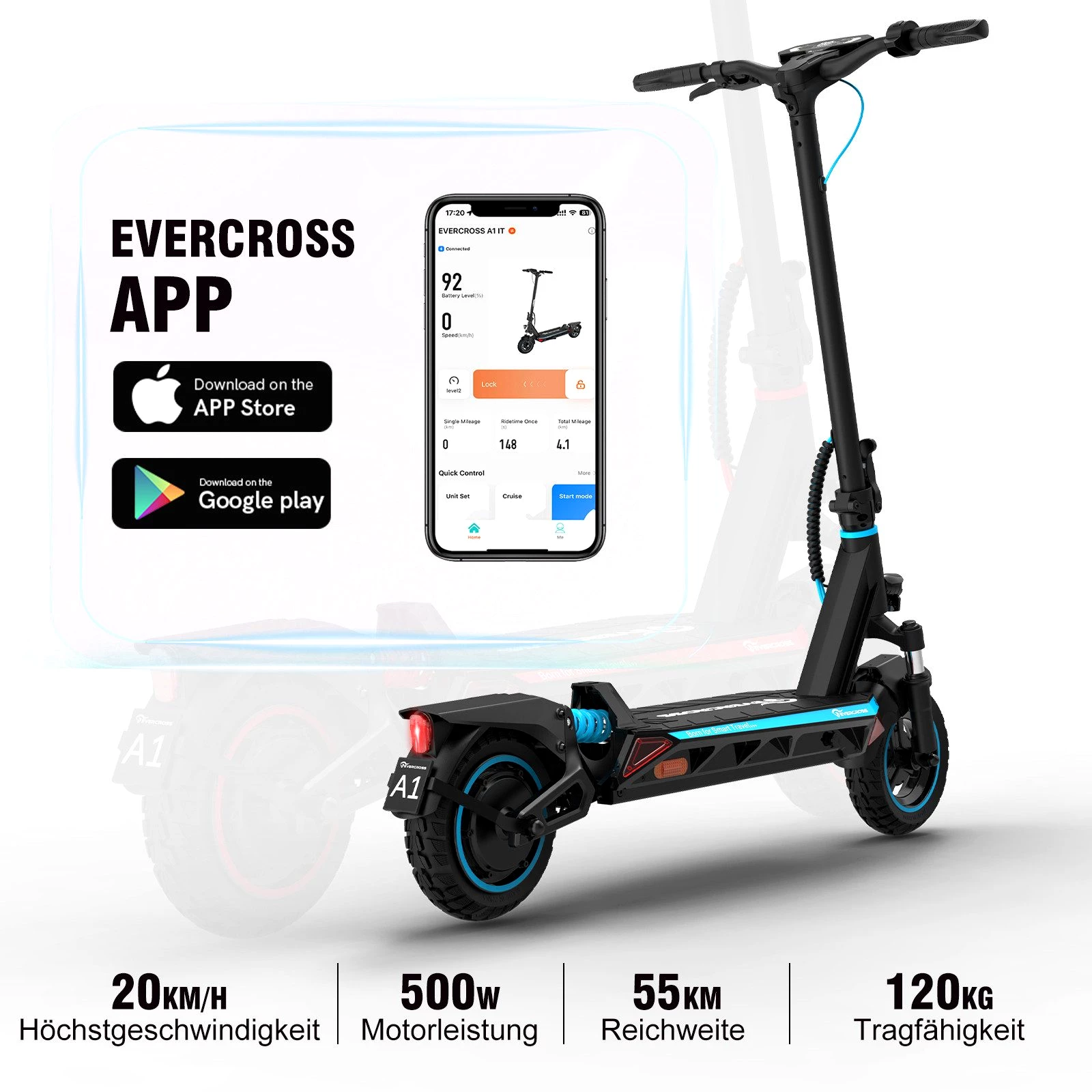 EVERCROSS TECH E-Scooter A1 mit Straßenzulassung , 10" Offroad-Runflat-Reifen, 55KM 20,00 km/h