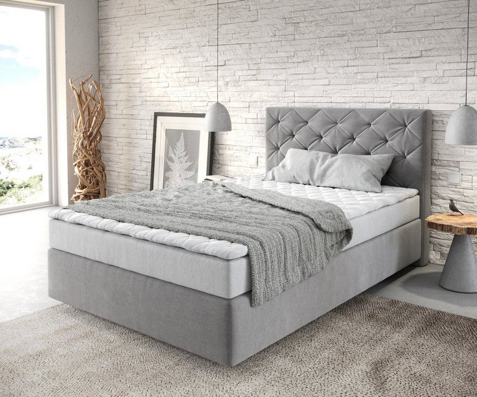 DELIFE Boxspringbett Dream-Great, Mikrofaser Grau 120x200 cm mit Matratze und To