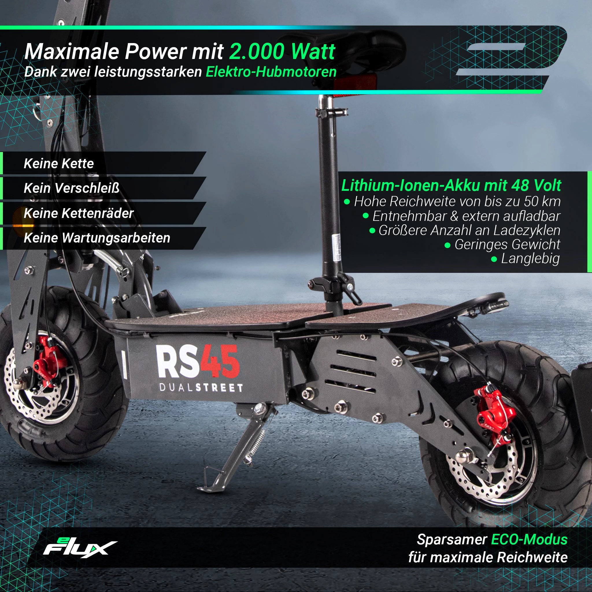 eFlux E-Scooter RS45 Elektro Roller mit Straßenzulassung klappbar, 2000,00 W, 45 km/h