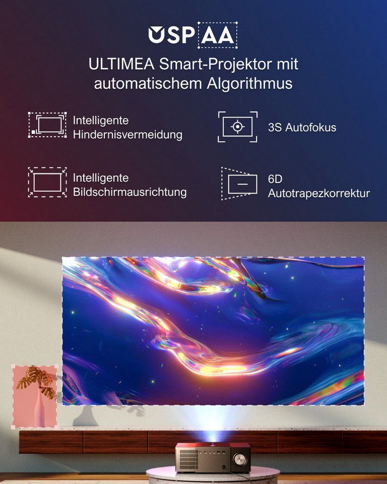 Ultimea Apollo P60 Beamer mit Hindernisvermeidung,6D Trapezkorrektur&Autofokus B