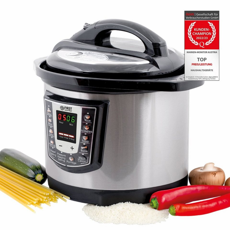 TZS FIRST AUSTRIA Multikocher Druckkochtopf elektrisch 6L, Multikocher, 9 Progra