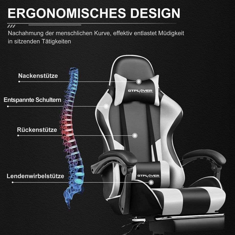 GTPLAYER Gaming-Stuhl Bürostuhl mit Massagefunktion, Fußstütze, Kopfstütze (Pack