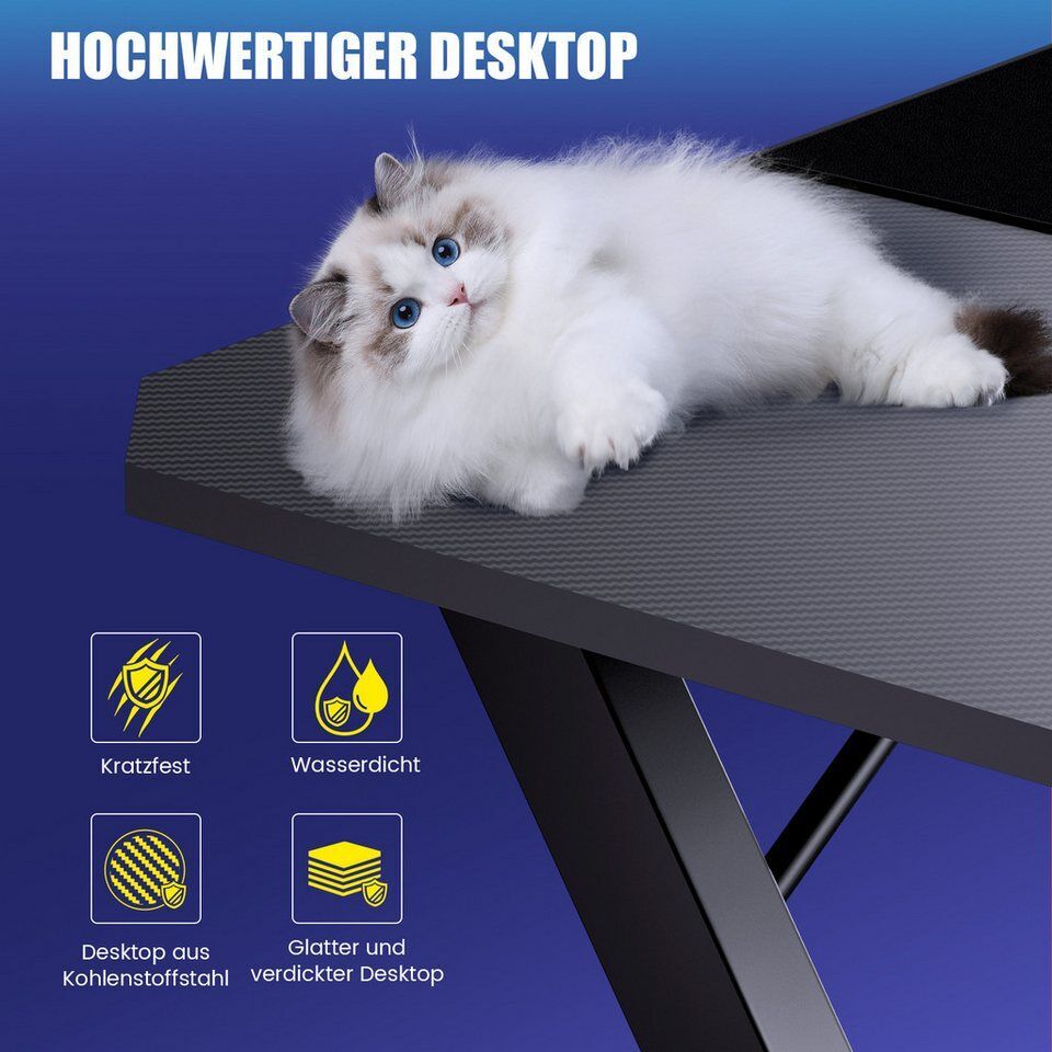 GTPLAYER Schreibtisch 120×60 Gaming Tisch mit Mauspad PC Tisch Kohlefaseroberflä