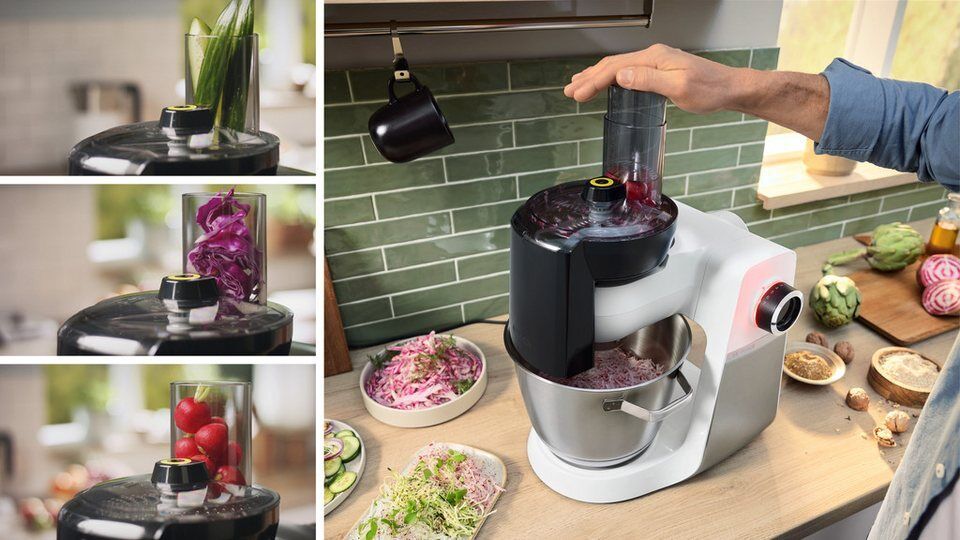 BOSCH Küchenmaschine Serie 6 MUMS6EW24D, Durchlaufschnitzler, Edelstahlschüssel,