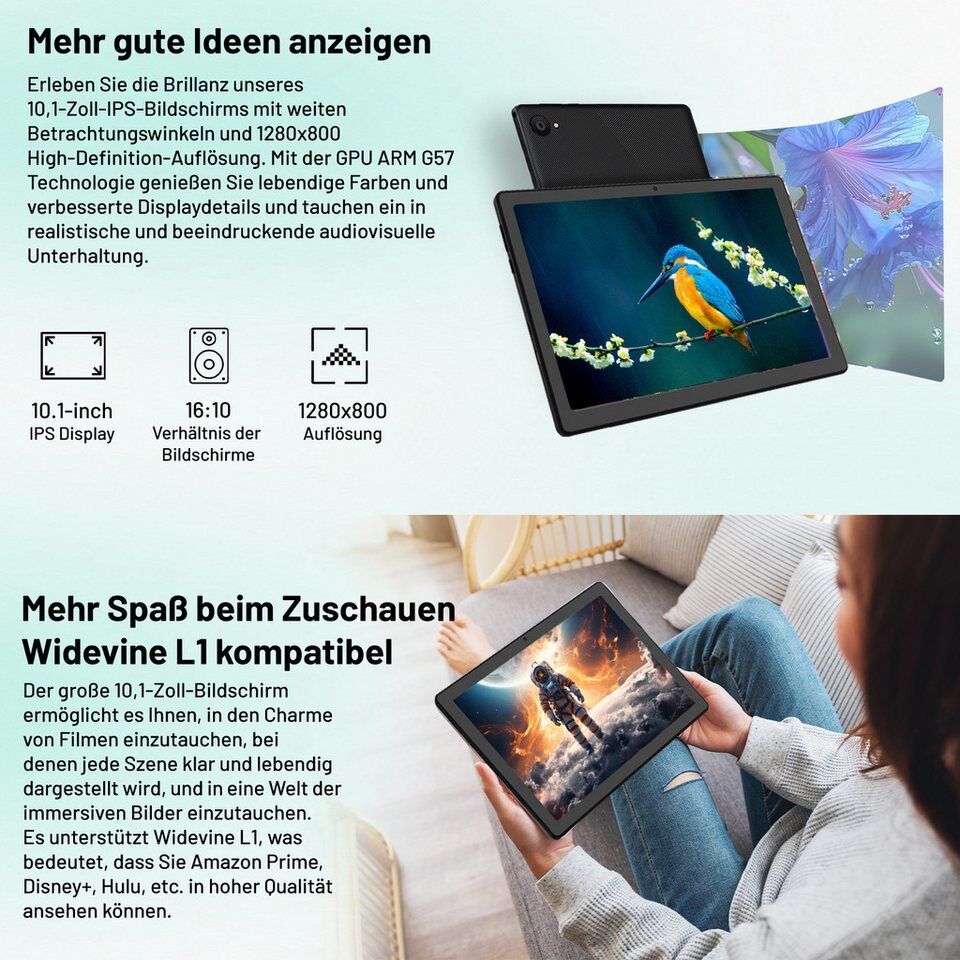 Happybe 10 Zoll 64 GB ROM (1 TB TF), Android, 1280x800 HD IPS, WiFi 6 Tablet (10