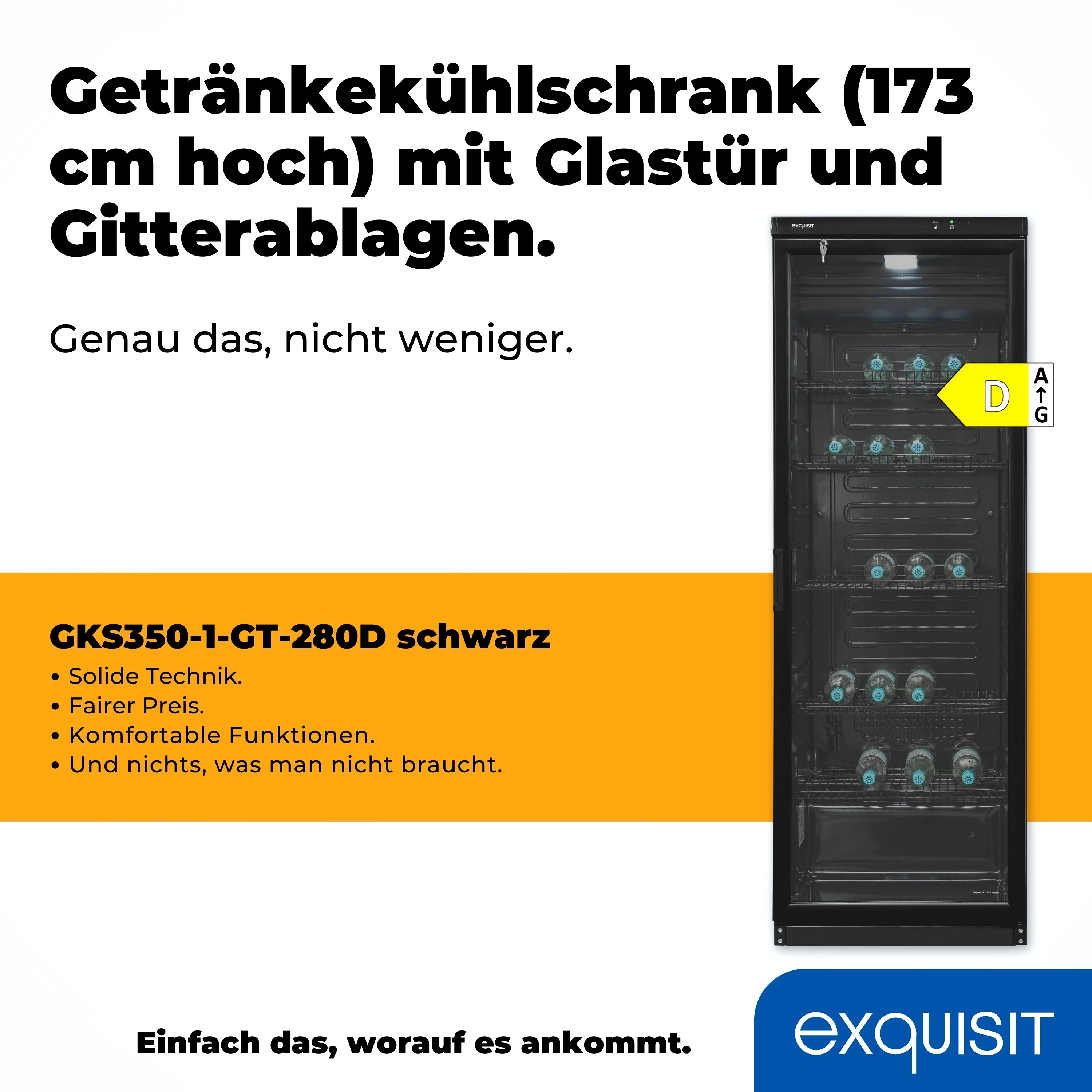 exquisit Getränkekühlschrank GKS350-1-GT-280D schwarz, 173 cm hoch, 60 cm breit, 320 L Volumen