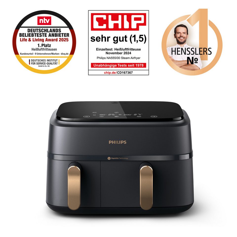 Philips Heißluftfritteuse 3000 Series NA352/00, Dual Basket Airfryer mit 9L Kapa