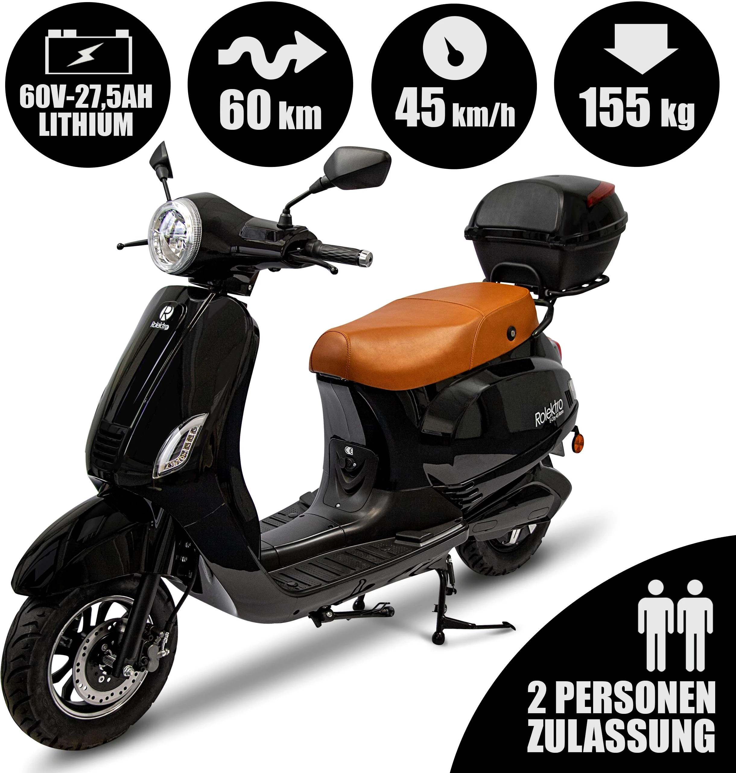 Rolektro E-Motorroller Retro 45 Lithium, V. 2021, 2000 W, 45 km/h, bis zu 70 km Reichweite