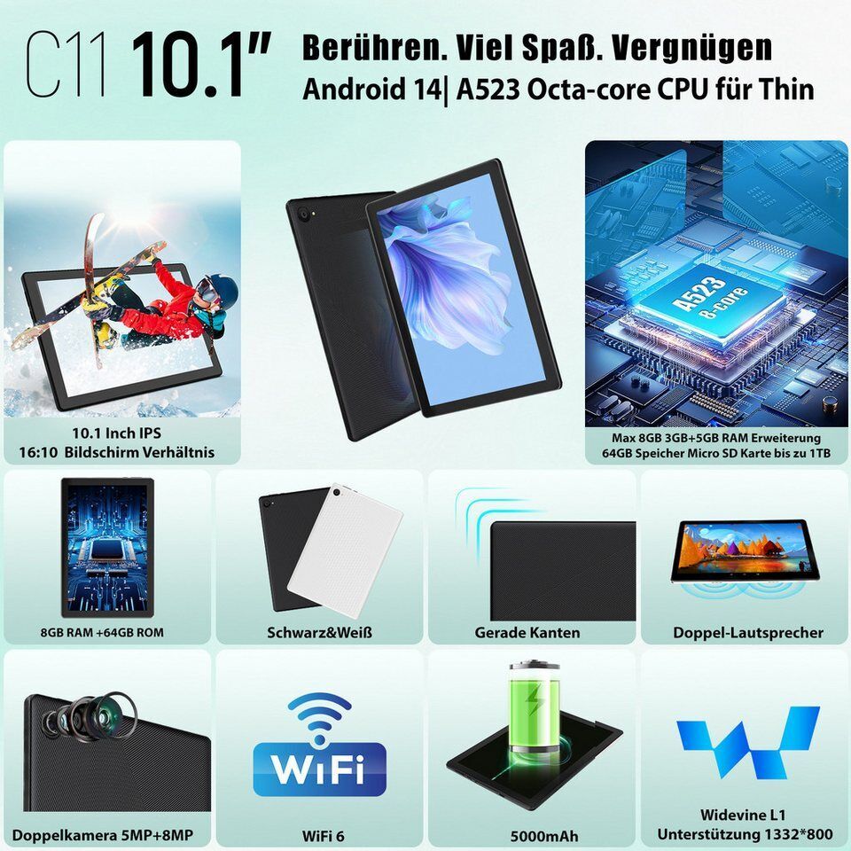 Happybe 10 Zoll 64 GB ROM (1 TB TF), Android, 1280x800 HD IPS, WiFi 6 Tablet (10