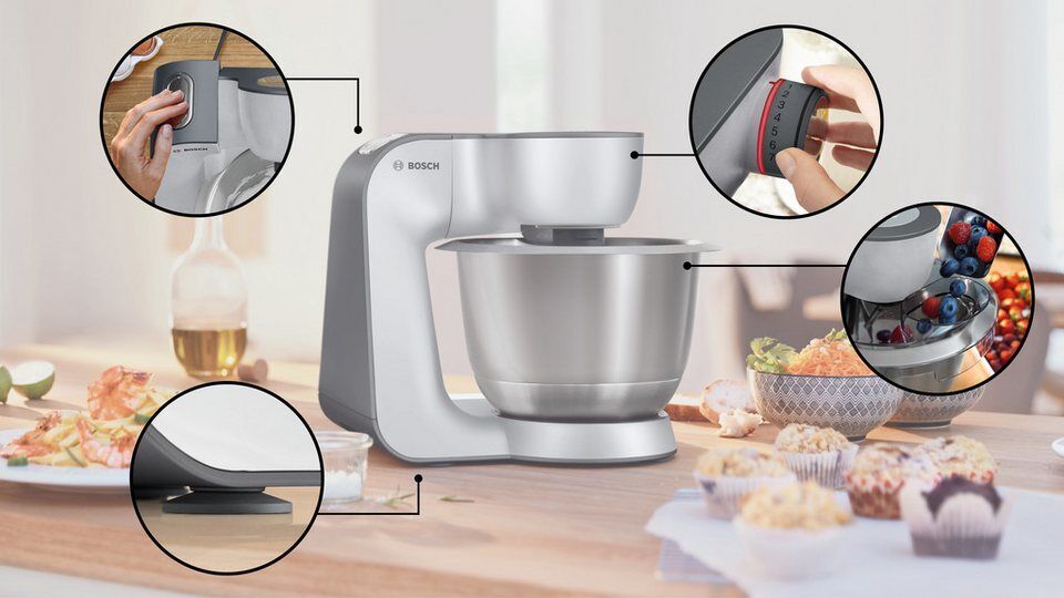 BOSCH Küchenmaschine MUM5935B Durchlaufschnitzler, 3 Scheiben, Mixer, silber, 10