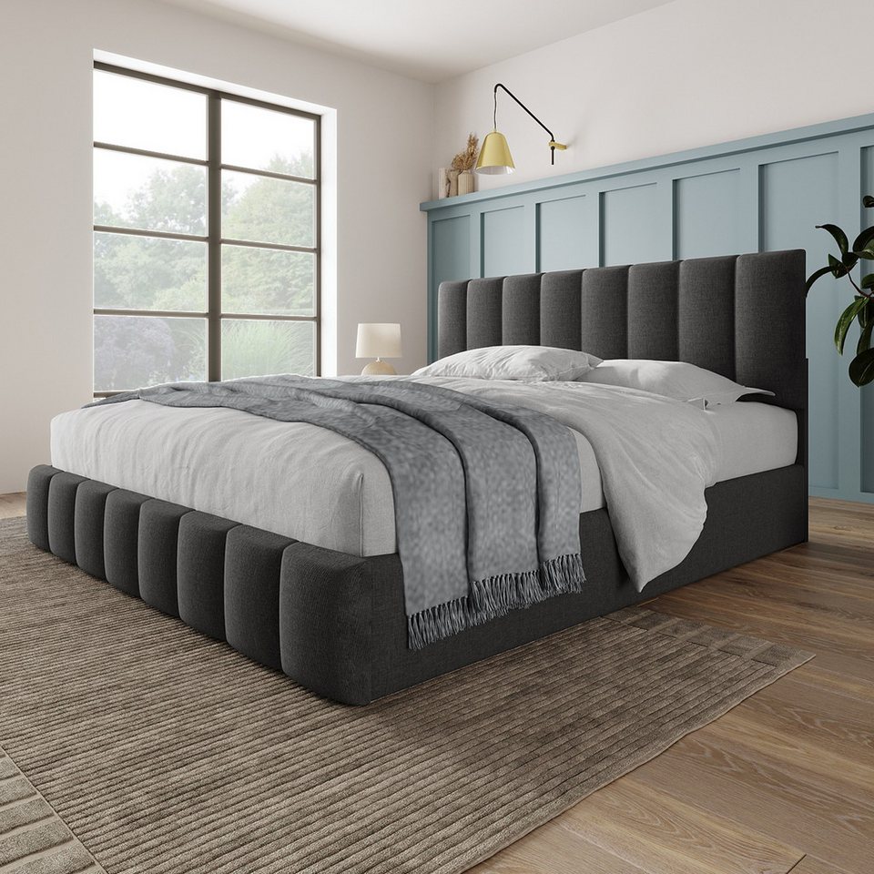 Flieks Polsterbett, Hydraulisches Doppelbett Leinen ohne Matratze 140x200cm