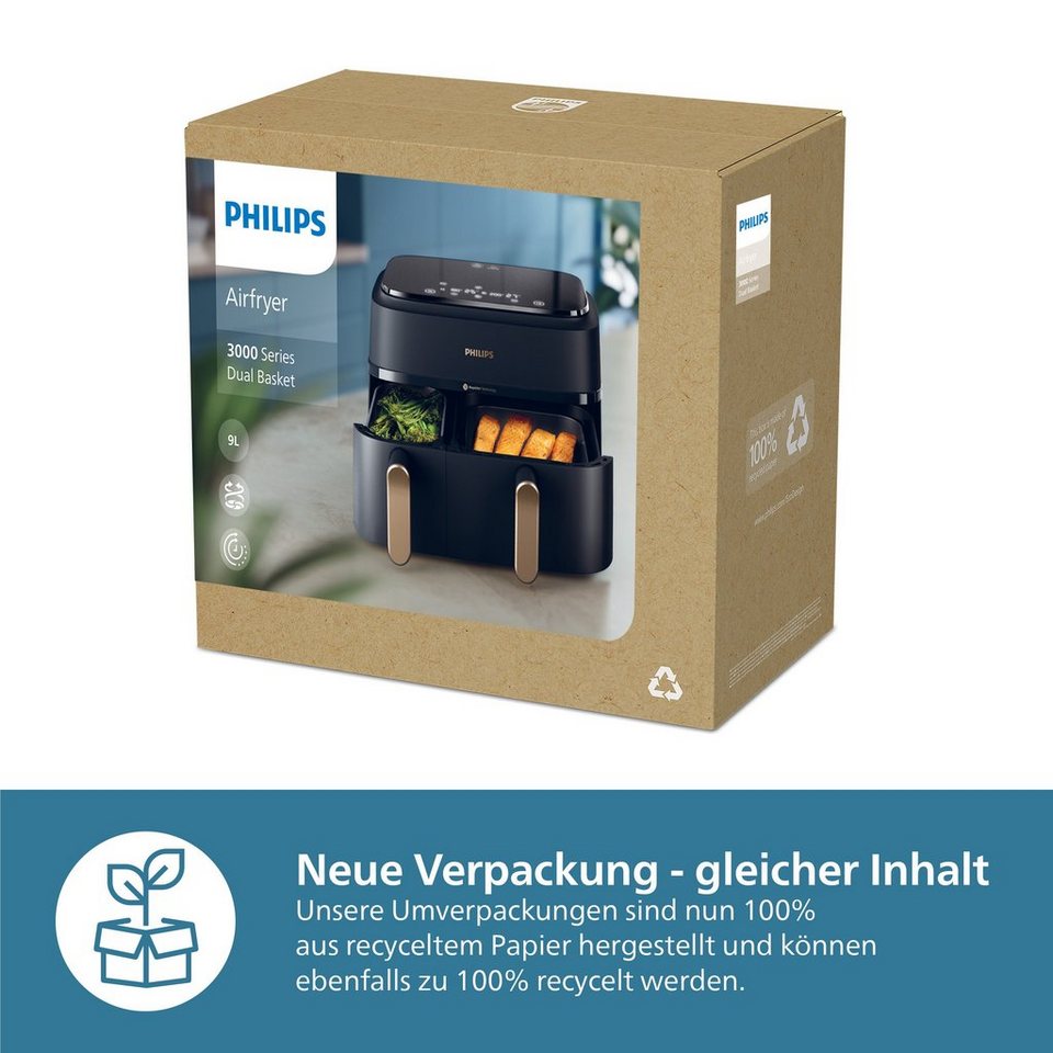 Philips Heißluftfritteuse 3000 Series NA352/00, Dual Basket Airfryer mit 9L Kapa