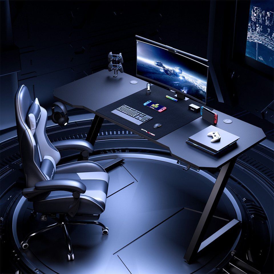 GTPLAYER Schreibtisch 120×60 Gaming Tisch mit Mauspad PC Tisch Kohlefaseroberflä