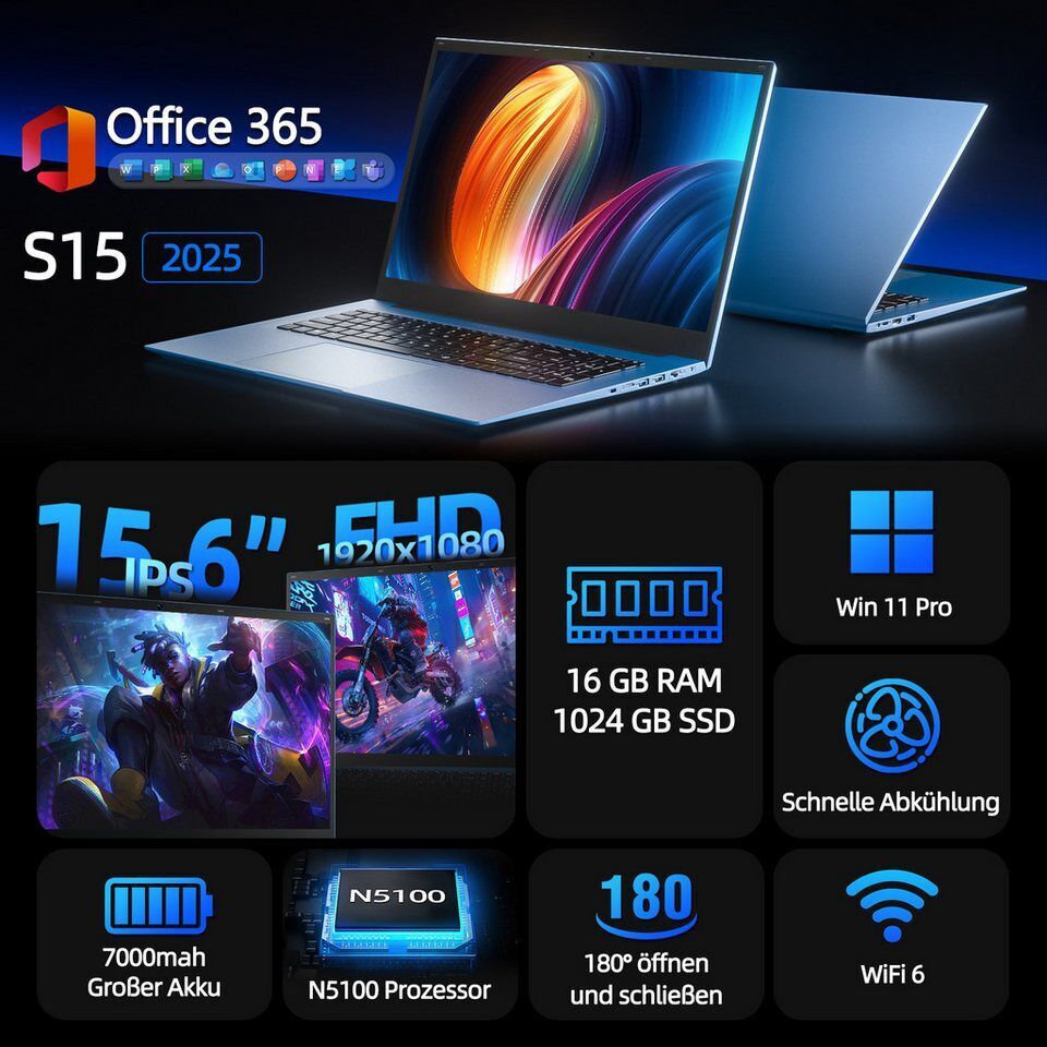MENGHU 15,6" FHD 180° Business Laptop 16GB RAM 1TB SSD WiFi 6 Windows 11 PRO Not