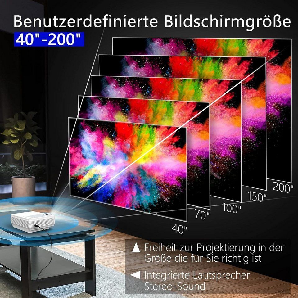 Vivitar Mini-Projektor Full HD 1080P, 12.000 Lumen, 300-Zoll-Projektor LED-Beame
