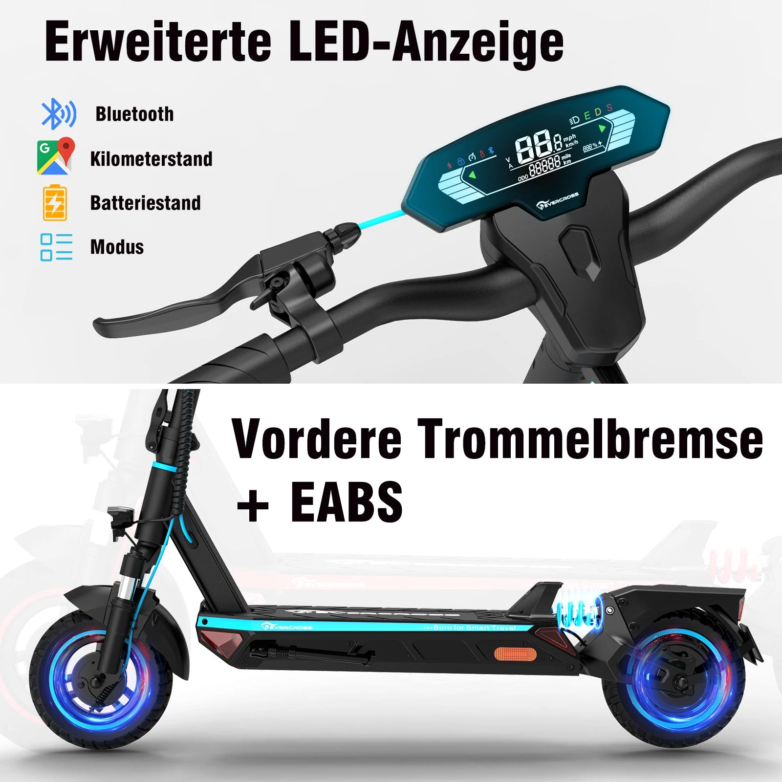EVERCROSS TECH E-Scooter A1 mit Straßenzulassung , 10" Offroad-Runflat-Reifen, 55KM 20,00 km/h