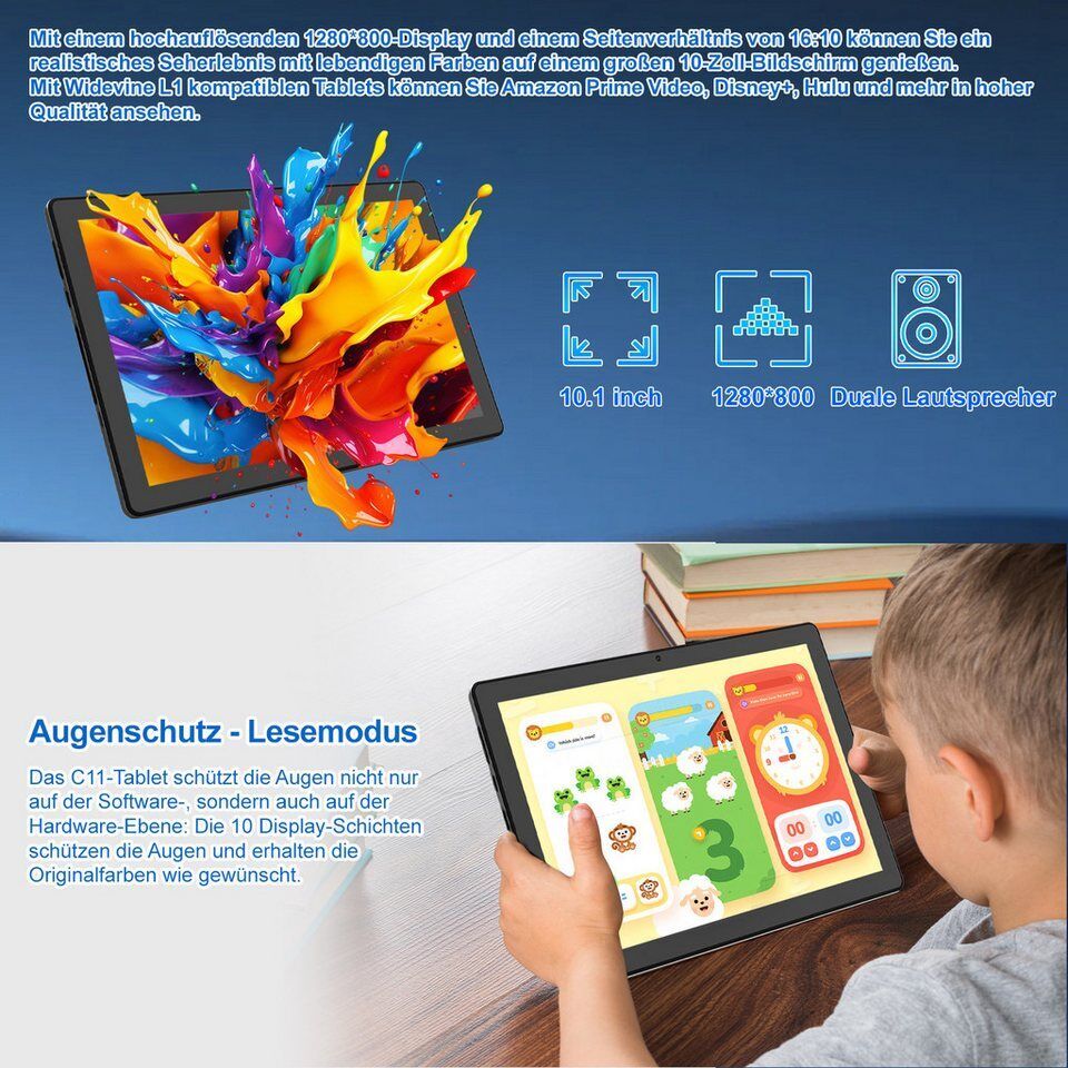 BUFO 10 Zoll 3 GB RAM 64 GB ROM 1280x800 HD IPS 5000mAh WiFi 6 Android 14 Tablet