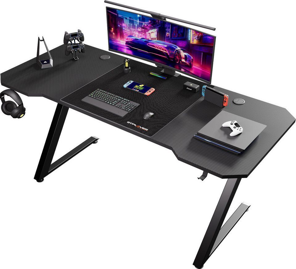 GTPLAYER Schreibtisch 120×60 Gaming Tisch mit Mauspad PC Tisch Kohlefaseroberflä