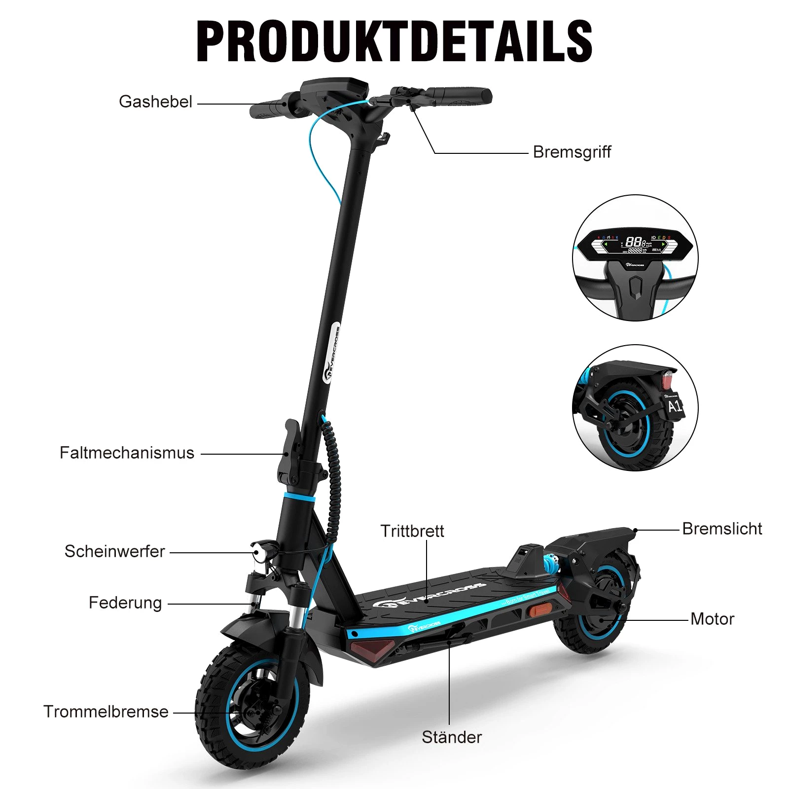 EVERCROSS TECH E-Scooter A1 mit Straßenzulassung , 10" Offroad-Runflat-Reifen, 55KM 20,00 km/h