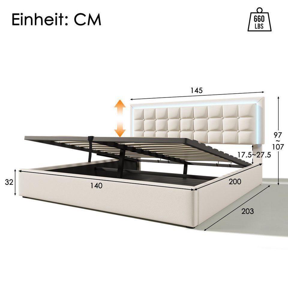 Flieks Stauraumbett (1-tlg), LED-Beleuchtung Kunstleder Doppelbett 140x200cm