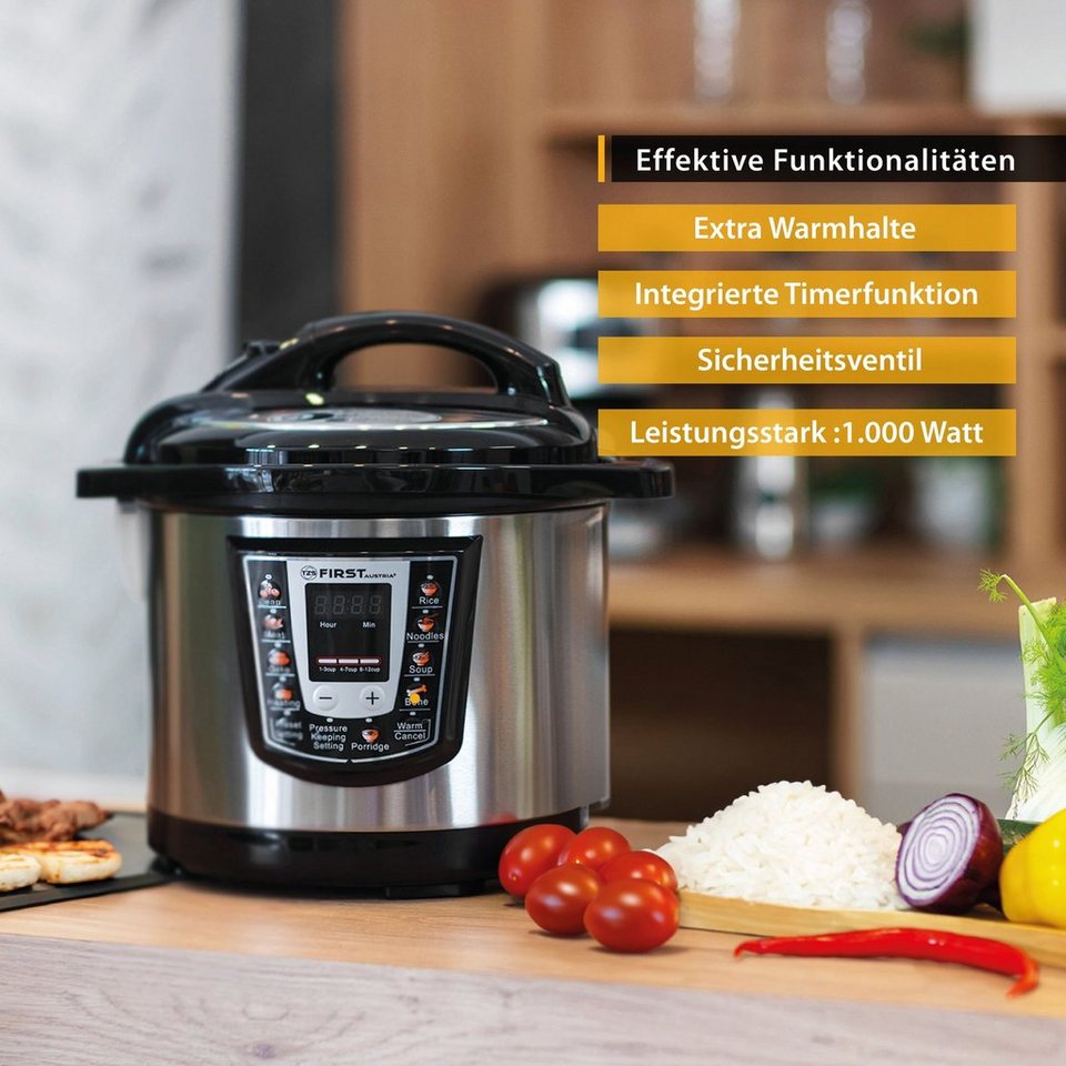 TZS FIRST AUSTRIA Multikocher Druckkochtopf elektrisch 6L, Multikocher, 9 Progra