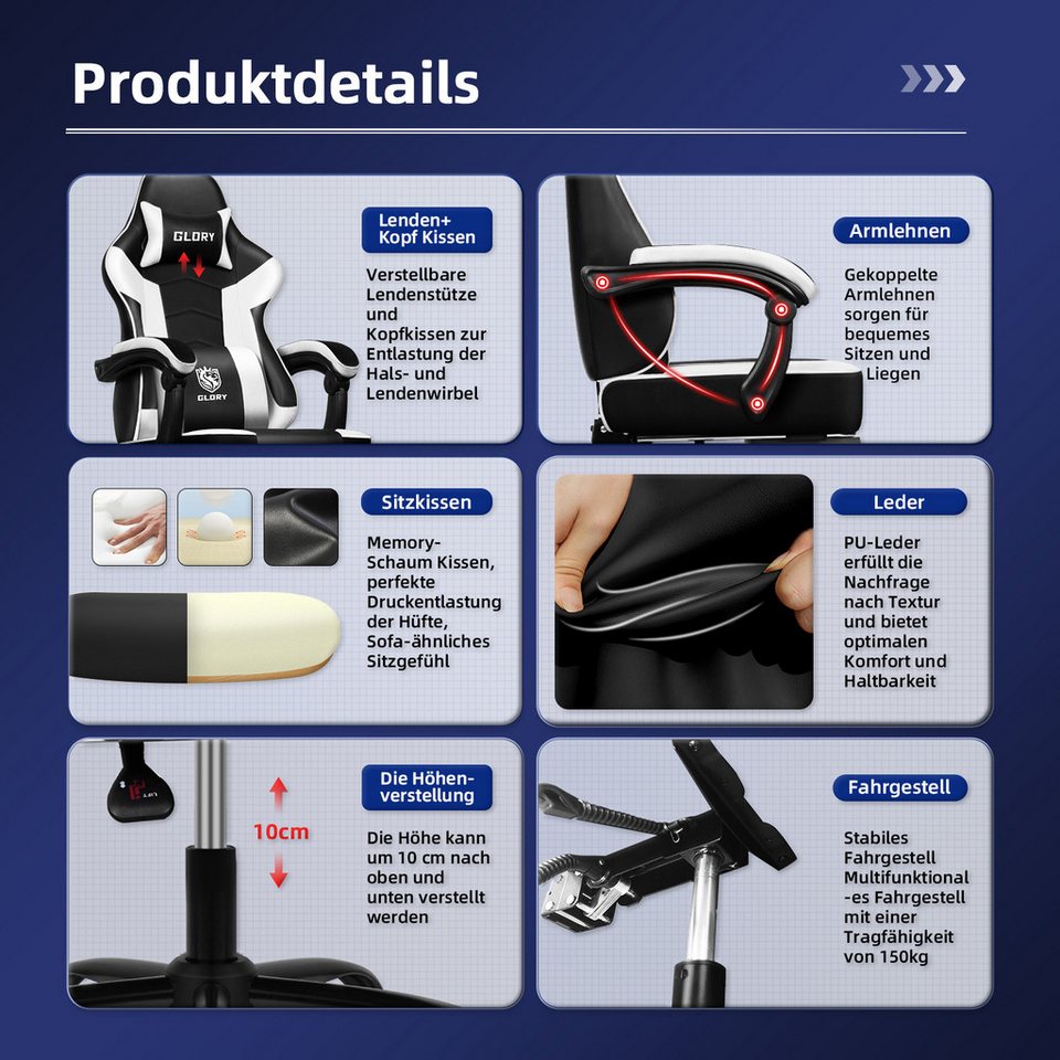 Hiazurm Gaming-Stuhl Gaming Stuhl, Bürostuhl Ergonomisch Wippfunktion bis zu 170