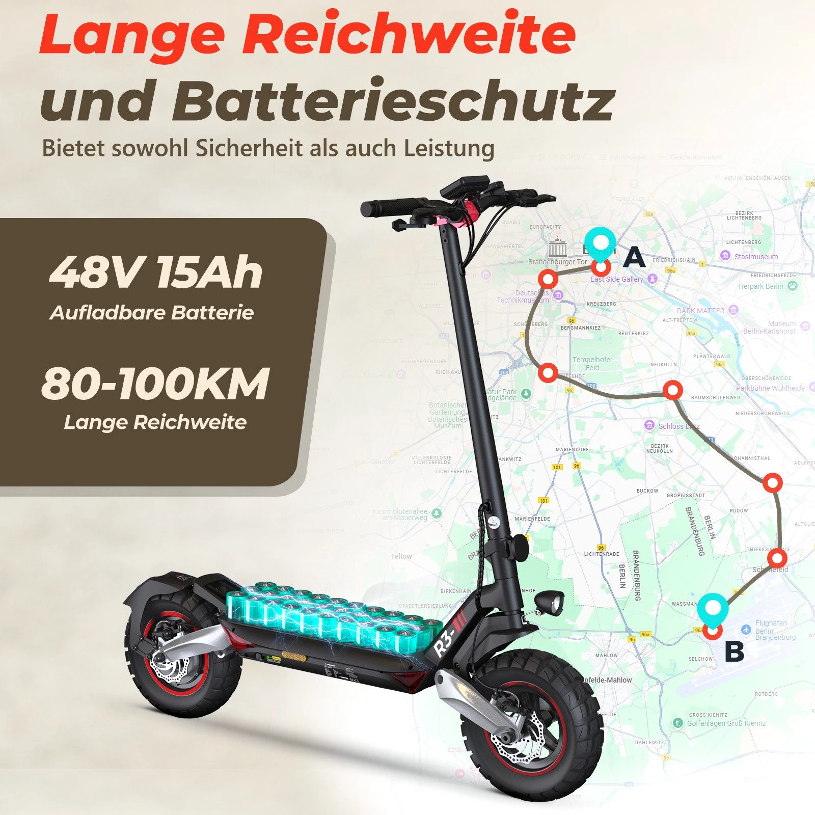iscooter E-Scooter 10 Zoll Offroad Elektroroller mit Straßenzulassung 80-100km Reichweite, 500